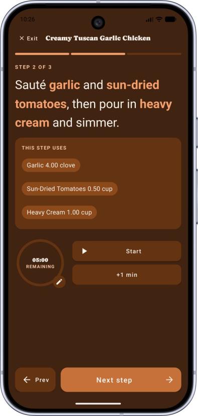 Cooking Mode, showing one step and its timer