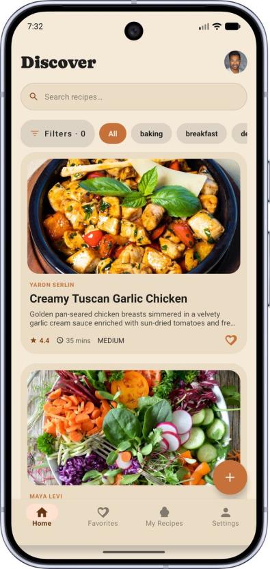 The home feed of published recipes