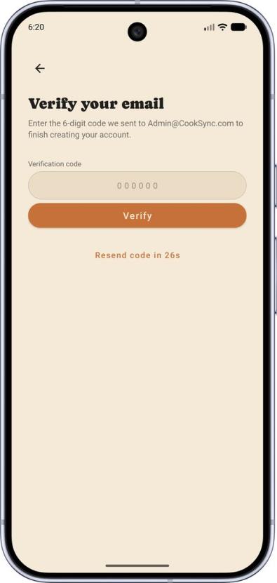 Email verification code screen