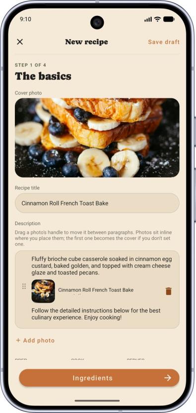 The first step of the recipe wizard
